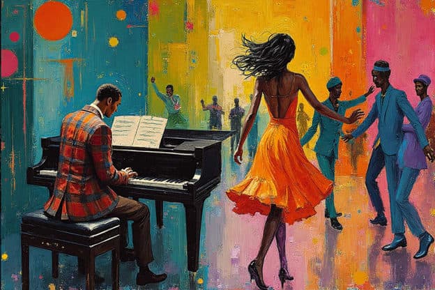 Pianist Plaid Jacket Woman Orange Dress Dancing