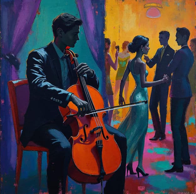 Cellist Man Dancers Purple Teal Gold Bg