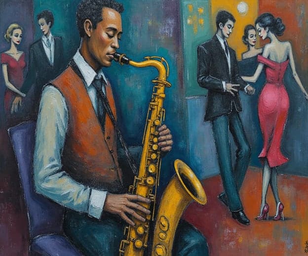 Saxophonist Orange Vest Dancing Couple Colorblock
