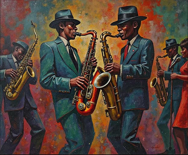 Saxophonists Dueling Hats Colorful Splatter