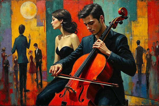 Cellist Man Woman Black Dress Moon Colorblock