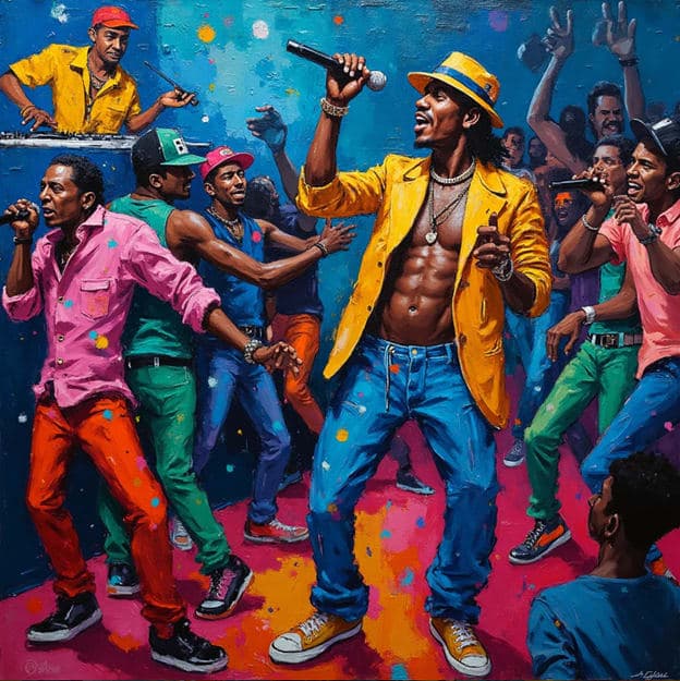 Hiphop Group Party Yellow Jacket Colorful Splatter