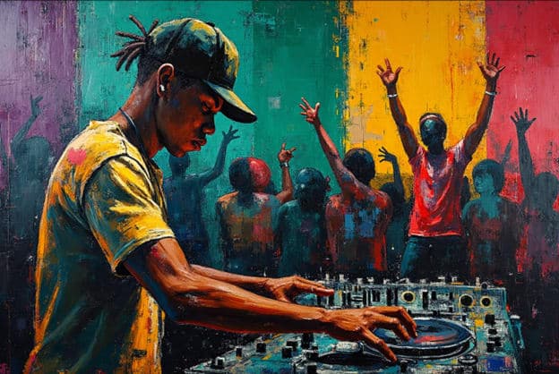 Dj Yellow Shirt Turntables Crowd Raised Hands