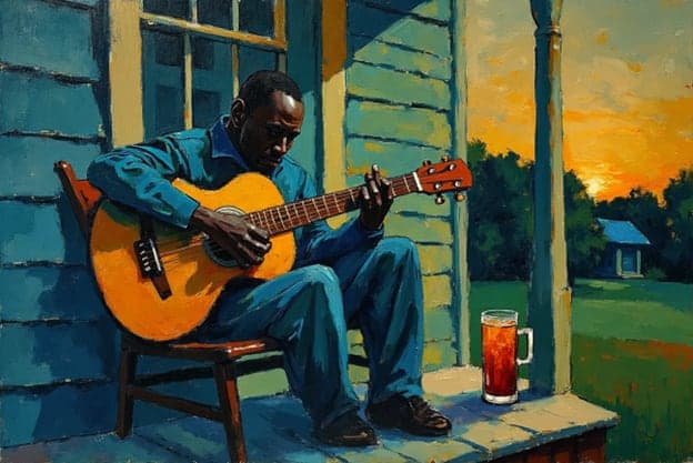 Guitarist Porch Sunset Blue Suit
