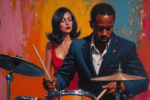 Drummer Woman Red Dress Pink Orange