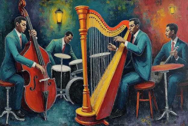 Musician Quartet Harp Bass Drums Guitar