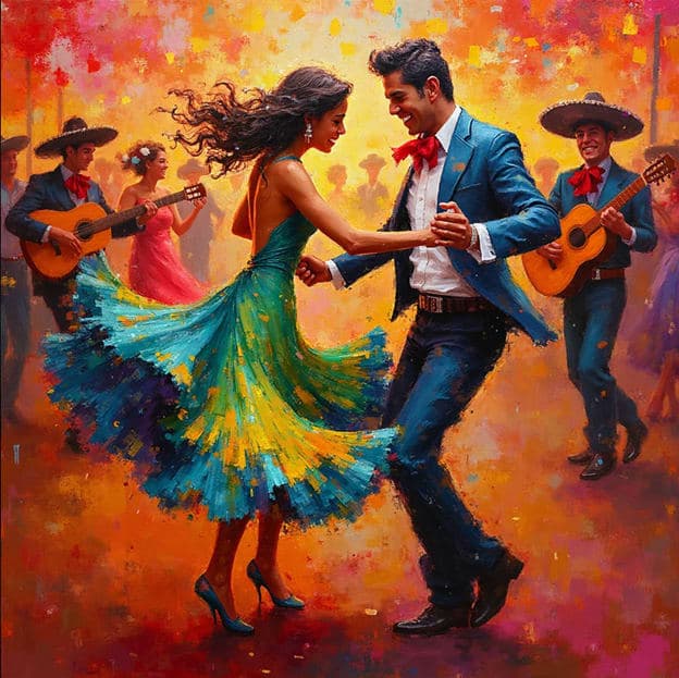 Flamenco Couple Teal Dress Mariachi