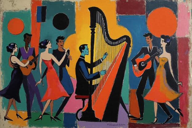 Flat Style Harpist Dancing Couples Colorblock