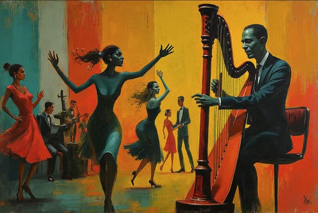 Harpist Man Dancing Women Teal Red