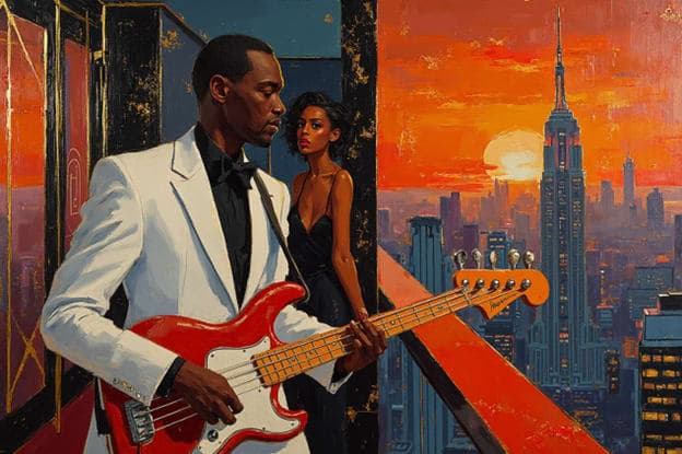 Bassist White Suit Nyc Skyline Sunset
