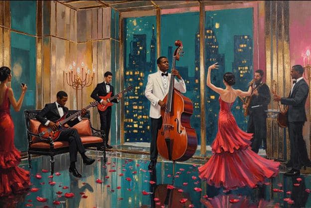 Bassist Tux Band Red Dress Nyc Candelabra
