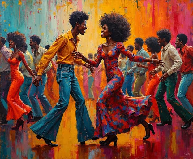 Seventies Dance Couple Crowd Colorful