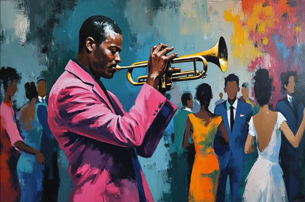 Trumpeter Pink Suit Colorful Crowd