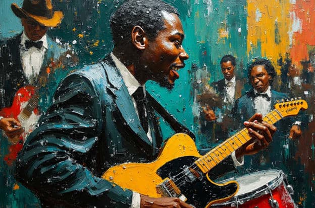 Guitarist Teal Suit Impasto Texture