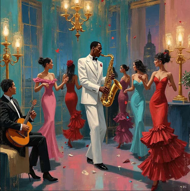 Saxophonist White Tux Gowns Penthouse Candelabra
