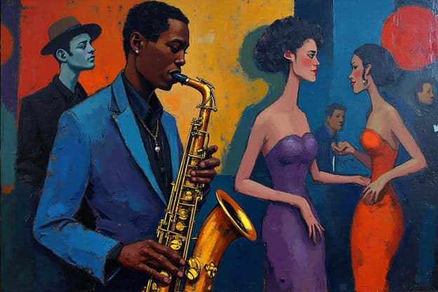 Saxophonist Two Women Purple Orange Dress