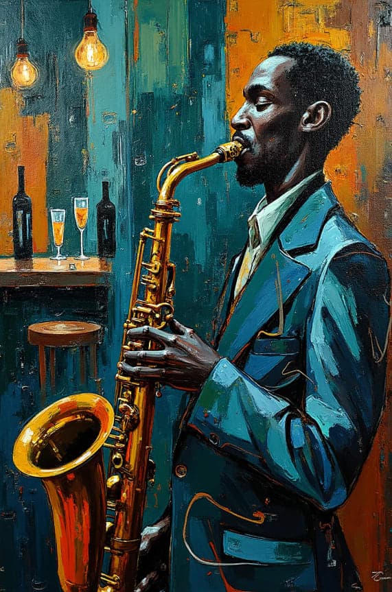 Saxophonist Solo Bar Scene Wine Glasses