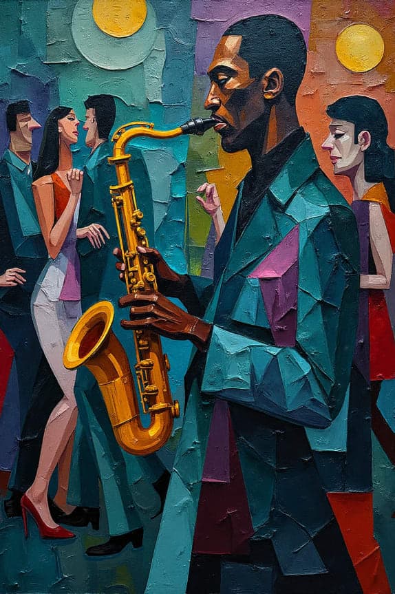 Cubist Saxophonist Dancing Couple Colorblock