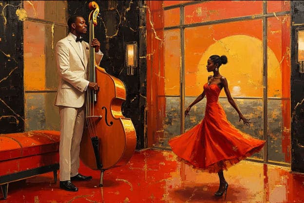 Bassist White Suit Red Dress Penthouse Sunset