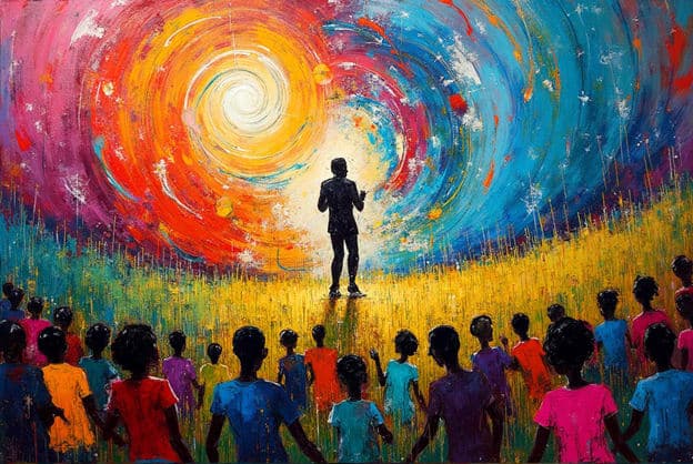 Silhouette Conductor Crowd Children Swirl Sky
