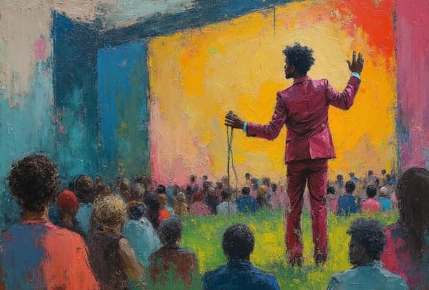 Solo Singer Maroon Suit Mic Crowd