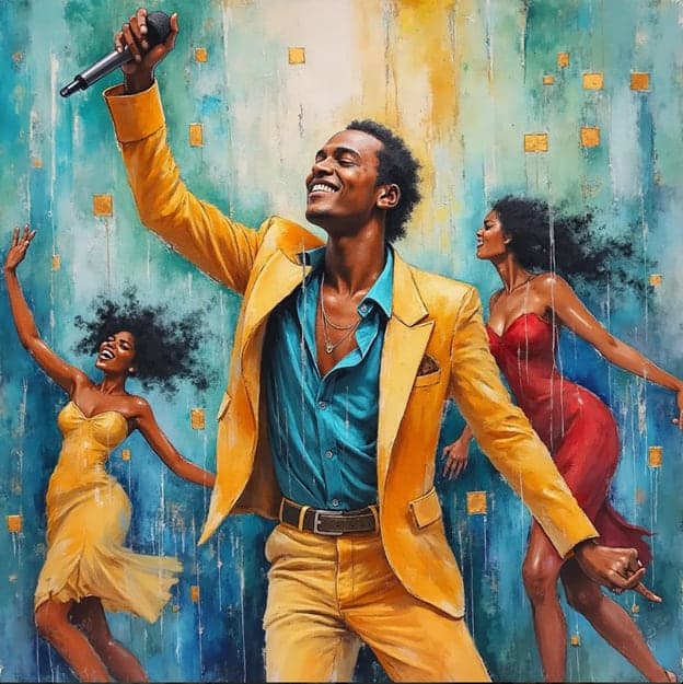 Singer Yellow Suit Mic Two Dancers