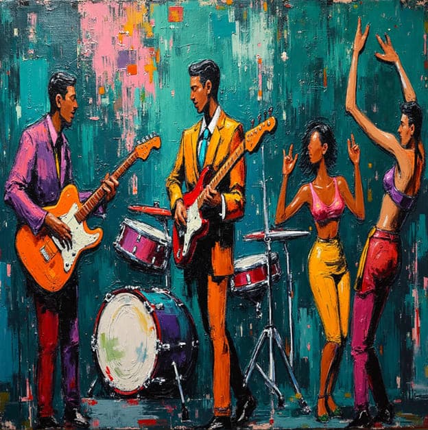 Two Guitarists Drummer Dancers Impasto Teal