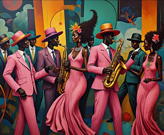 Two Saxophonists Pink Dress Women Pinstripe