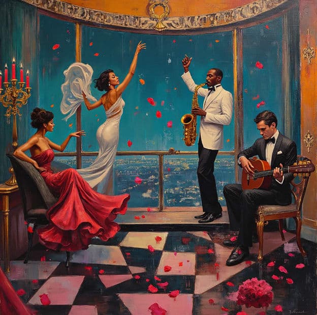 Saxophonist White Tux Guitarist Penthouse Petals