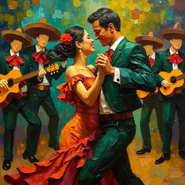 Flamenco Couple Green Suit Mariachi Colorful