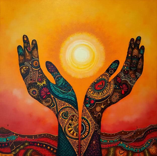 Henna Hands Raised Sun Orange Sky