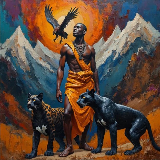 Man Eagle Panther Leopard Mountains Sunburst