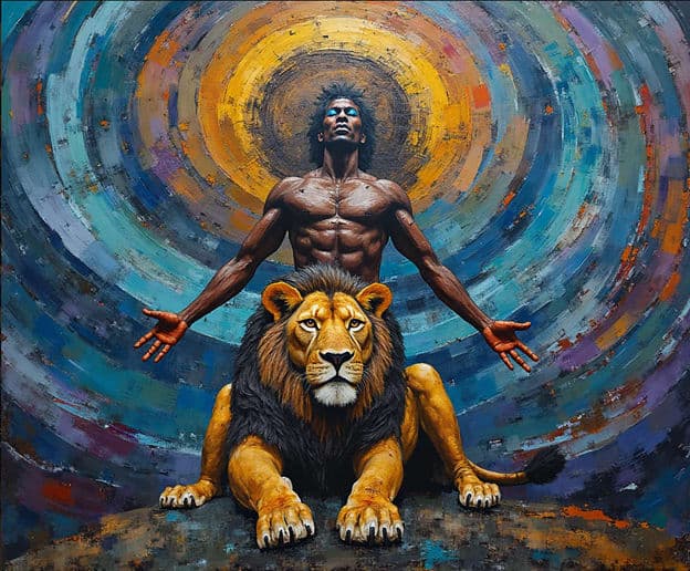 Man Lion Arms Outstretched Radiant Circles