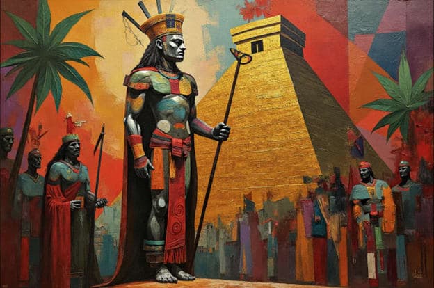 Warrior King Feathered Headdress Golden Pyramid
