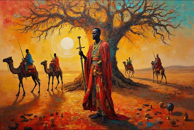 Warrior King Sword Bare Tree Desert Sunset