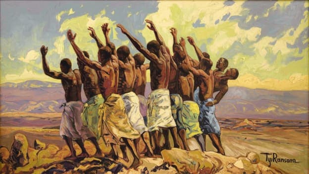 Men Raised Arms Hilltop Golden Clouds