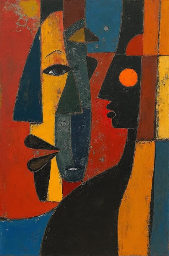 Cubist Angular Faces Red Yellow Blue