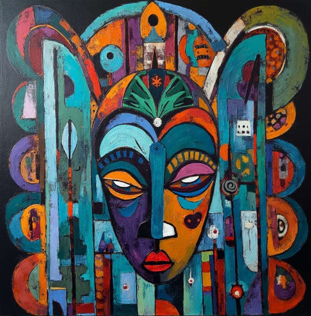 Cubist Tribal Mask Patterned Wings Colorful