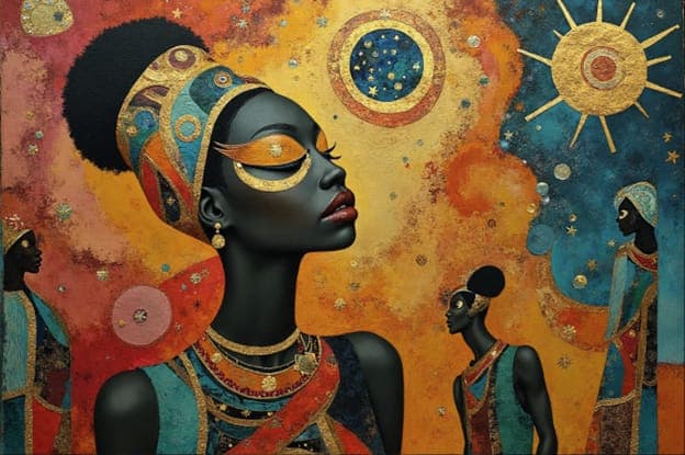 Regal Woman Gold Headdress Sun Moon Attendants
