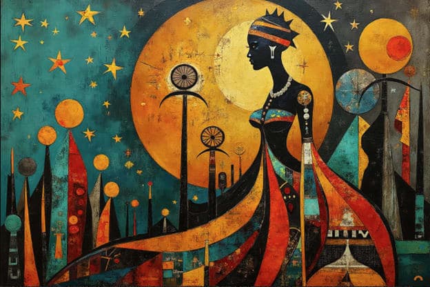 Regal Woman Silhouette Glowing Moon Obelisks