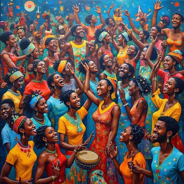 Joyful Crowd Celebration Dancing Drumming