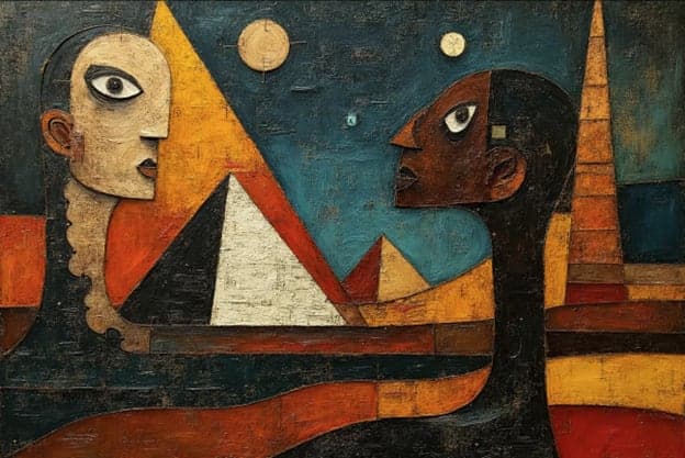 Two Tone Profile Faces Pyramids Moon Sun