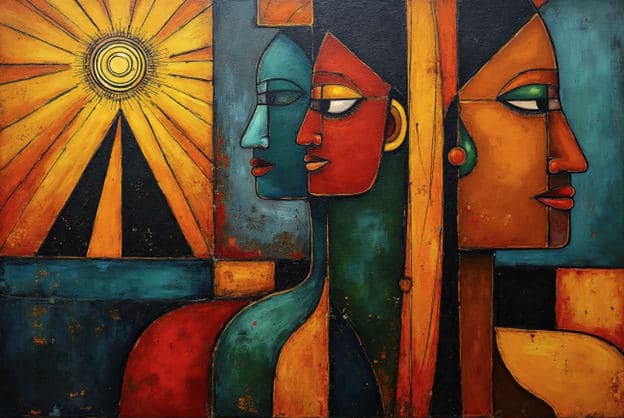 Cubist Three Warrior Faces Radiant Sunburst