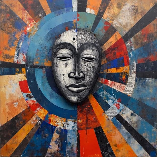 Carved Tribal Mask Radiant Sunburst Collage