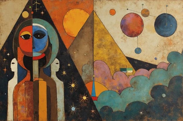 Split Face Figure Ghostly Attendants Planets