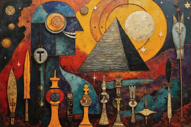 Robed Figure Chess Pieces Pyramid Owl Moon