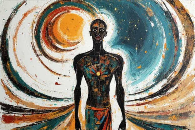 Man Tribal Paint Cosmic Vortex Glowing Emblem