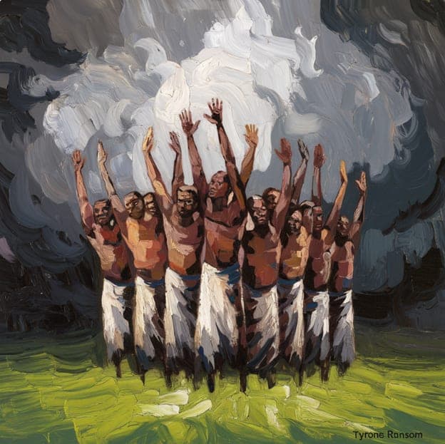 Men Leaping Hands Raised Stormy Clouds