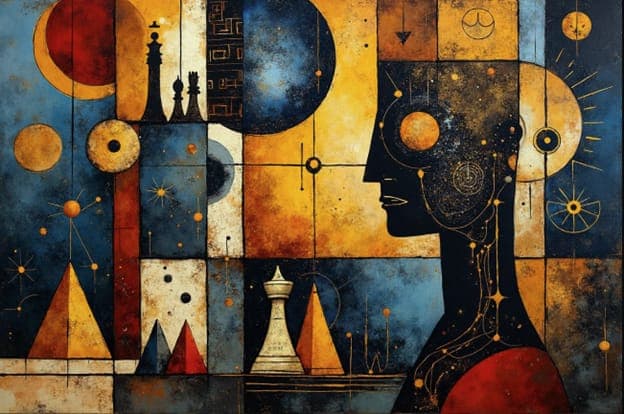Surreal Glowing Head Circuit Chess Pyramids