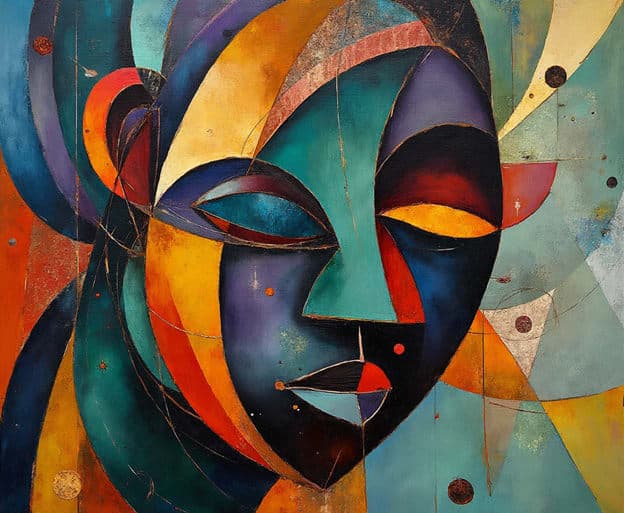 Ornate Cubist Mask Swirling Petal Ribbons